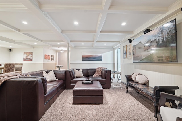 carpeted living room featuring coffered ceiling and beamed ceiling