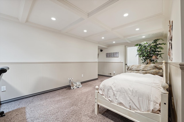 bedroom featuring coffered ceiling, beamed ceiling, carpet flooring, and crown molding