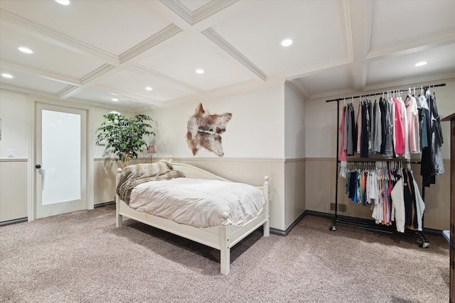 bedroom featuring carpet floors, beam ceiling, and coffered ceiling