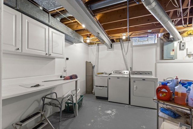 laundry area with independent washer and dryer, electric panel, and cabinets