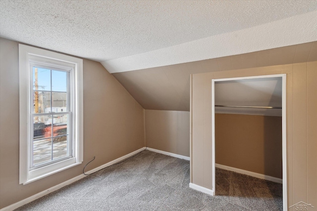 additional living space with plenty of natural light, carpet flooring, vaulted ceiling, and a textured ceiling