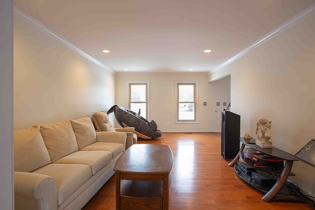 living room with hardwood / wood-style flooring and ornamental molding