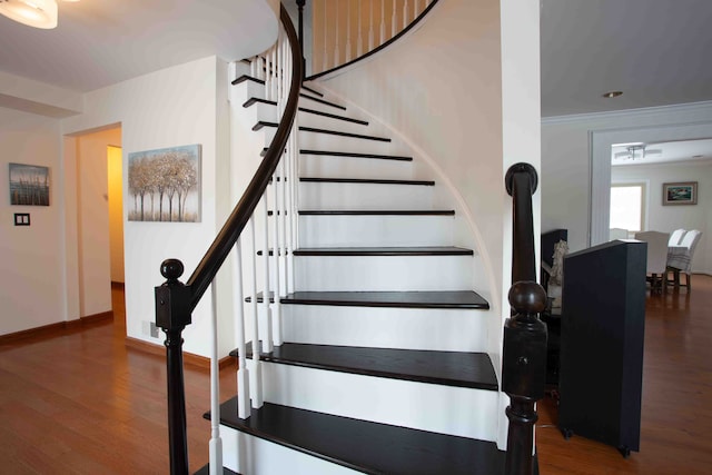 staircase featuring ornamental molding and hardwood / wood-style floors