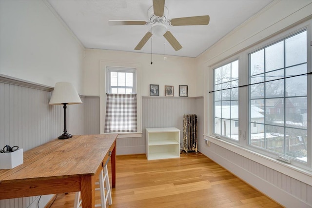 home office with ceiling fan and light wood-type flooring