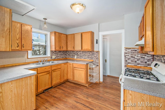 kitchen featuring dark hardwood / wood-style flooring, white gas range, decorative backsplash, and sink