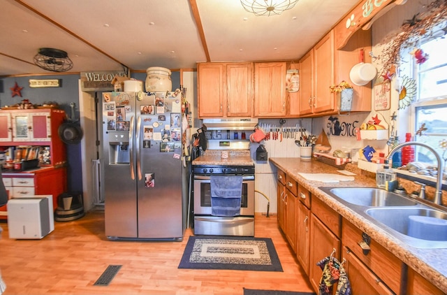 kitchen featuring sink, light wood-type flooring, and appliances with stainless steel finishes