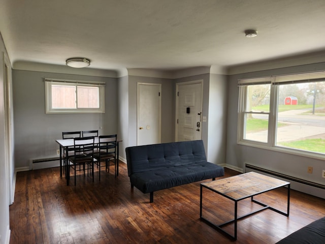 living room featuring a baseboard radiator and dark hardwood / wood-style flooring