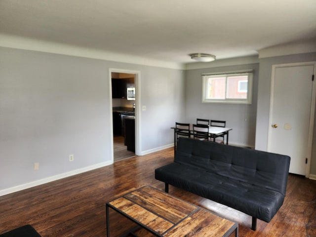 living room with dark hardwood / wood-style floors