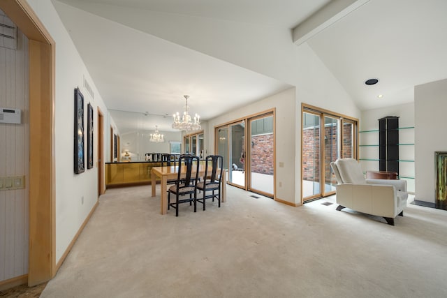 dining room featuring baseboards, vaulted ceiling with beams, a chandelier, and light colored carpet