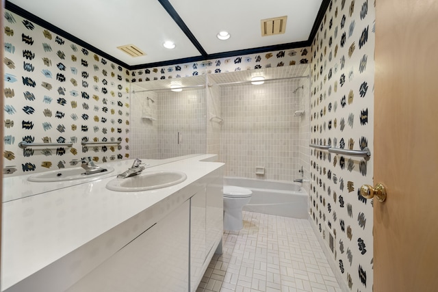 full bath with crown molding, vanity, toilet, and visible vents
