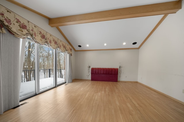 unfurnished living room featuring wood-type flooring, recessed lighting, crown molding, and vaulted ceiling with beams