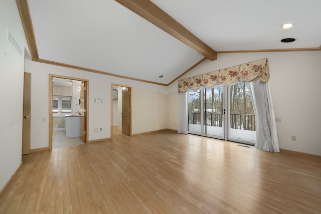 unfurnished living room featuring crown molding, vaulted ceiling with beams, light wood-type flooring, and visible vents