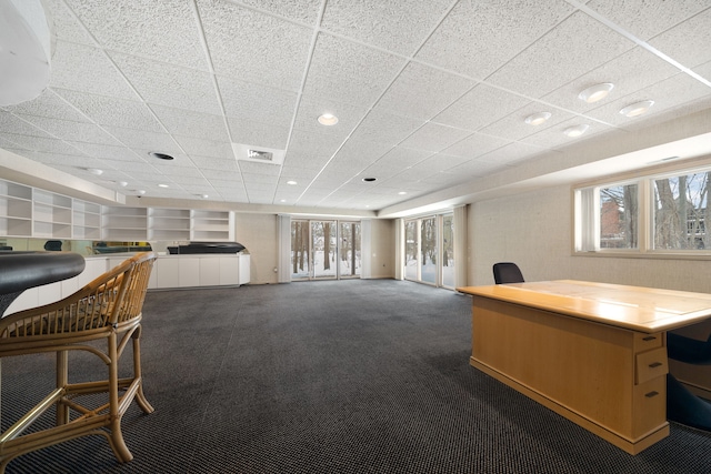 home office with carpet flooring, recessed lighting, visible vents, and a paneled ceiling