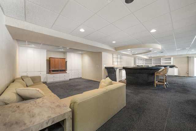 living area with recessed lighting, billiards, dark colored carpet, and a paneled ceiling