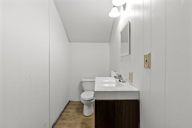 bathroom with hardwood / wood-style flooring, vanity, and toilet