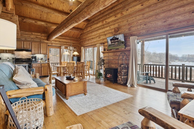 living room featuring log walls, lofted ceiling with beams, light hardwood / wood-style flooring, and wooden ceiling