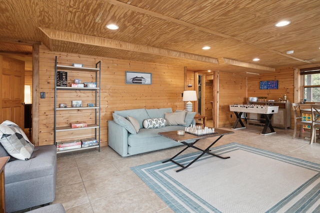 living room featuring wood ceiling, tile patterned floors, and wooden walls