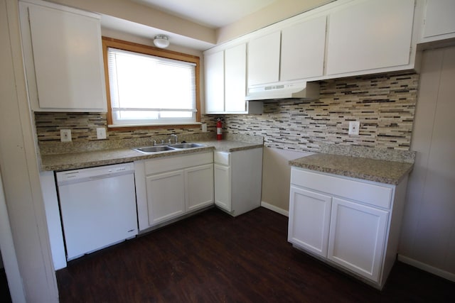 kitchen with dark hardwood / wood-style floors, white cabinetry, sink, backsplash, and white dishwasher