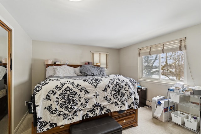 bedroom featuring carpet floors, multiple windows, and baseboards