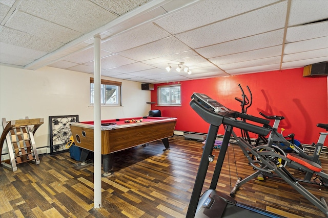 rec room featuring billiards, a drop ceiling, and wood finished floors