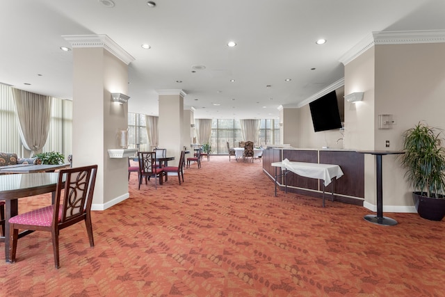 interior space with ornamental molding and carpet