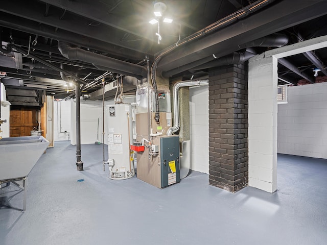 unfinished basement with heating unit and gas water heater