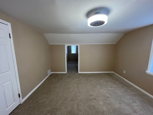 additional living space with lofted ceiling and carpet flooring