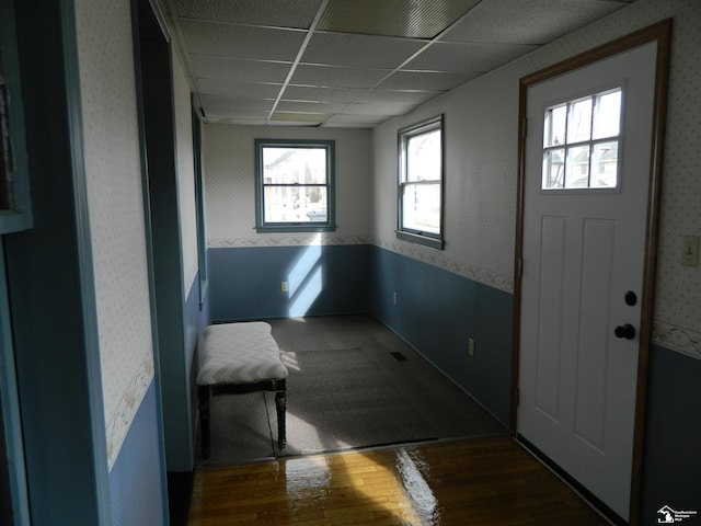 interior space with a drop ceiling and dark hardwood / wood-style floors