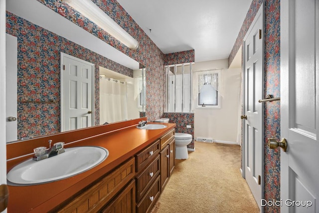 bathroom with vanity, toilet, and a shower with shower curtain