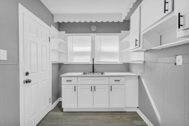 kitchen with white cabinetry, sink, and dark wood-type flooring