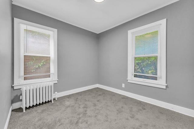 unfurnished room featuring ornamental molding, radiator heating unit, and light carpet