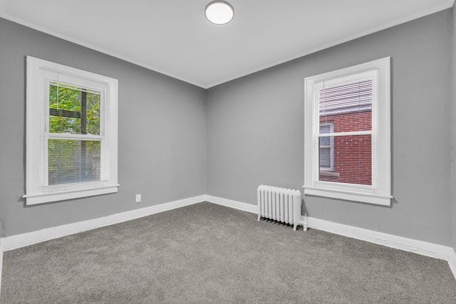 empty room featuring radiator and carpet