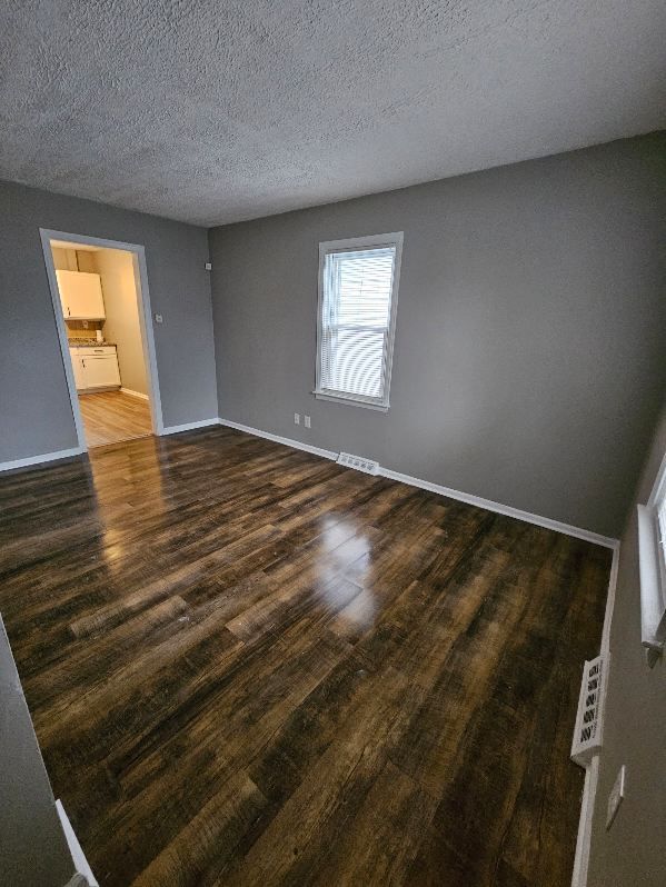 empty room featuring dark wood-type flooring and a textured ceiling