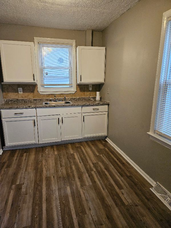 kitchen with white cabinetry, sink, and dark hardwood / wood-style floors