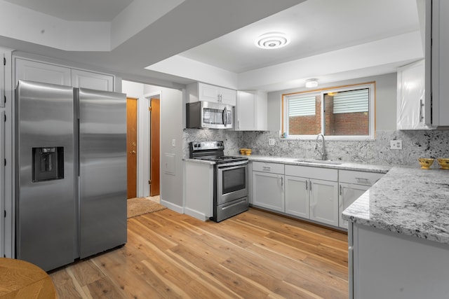 kitchen with sink, stainless steel appliances, light hardwood / wood-style floors, decorative backsplash, and white cabinets