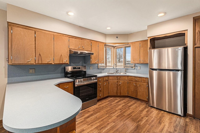 kitchen with appliances with stainless steel finishes, dark hardwood / wood-style floors, and sink