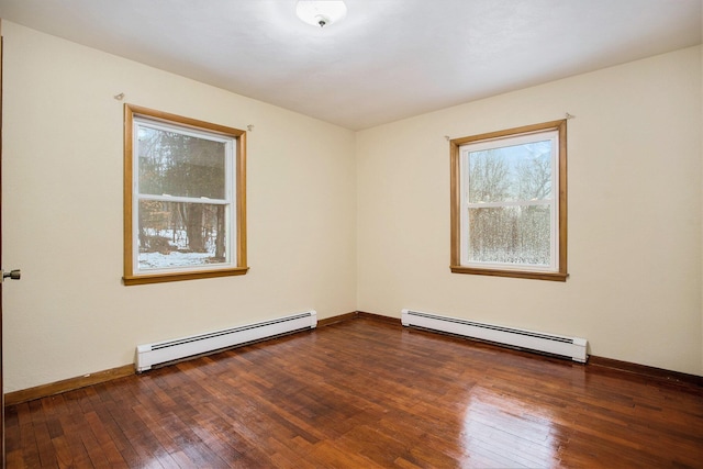 unfurnished room with baseboard heating and dark hardwood / wood-style floors