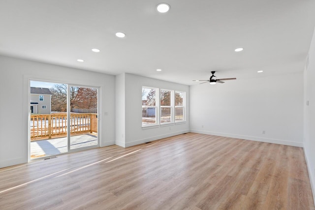 unfurnished living room with light hardwood / wood-style floors and ceiling fan