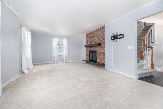 unfurnished living room featuring crown molding, a fireplace, and carpet floors