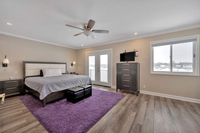 1611 Harwood Dr, Oxford, MI 48371 - bedroom featuring access to exterior, light wood-type flooring, ornamental molding, recessed lighting, and french doors