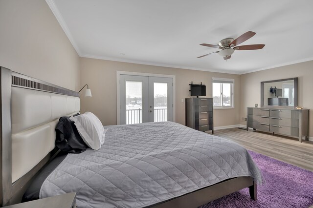 1611 Harwood Dr, Oxford, MI 48371 - bedroom featuring french doors, ornamental molding, light wood finished floors, access to outside, and ceiling fan