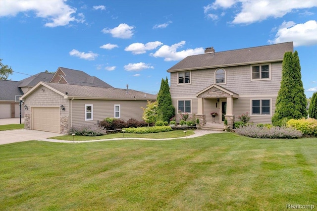 1611 Harwood Dr, Oxford, MI 48371 - view of front facade with stone siding, a front lawn, a chimney, and a garage