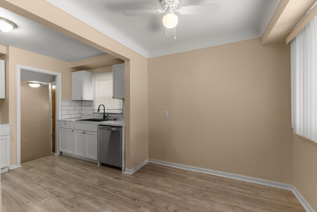 kitchen with white cabinetry, dishwasher, sink, and light wood-type flooring