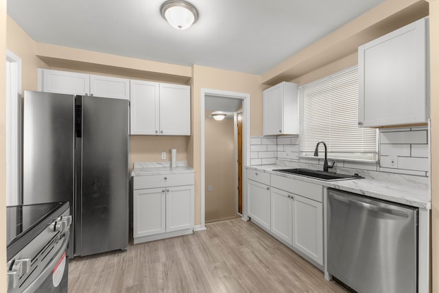 kitchen with sink, backsplash, stainless steel appliances, and white cabinets