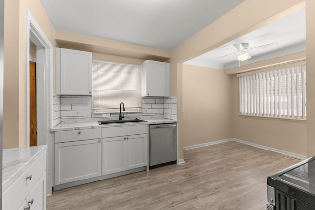 kitchen with sink, white cabinets, decorative backsplash, stainless steel dishwasher, and light hardwood / wood-style flooring