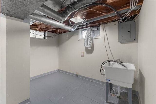 basement with sink, a wealth of natural light, and electric panel