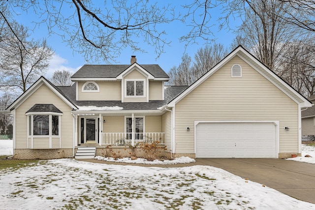 front facade with a garage and covered porch