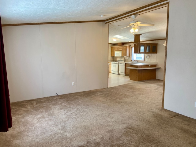 unfurnished living room featuring vaulted ceiling with beams, crown molding, light carpet, and a textured ceiling