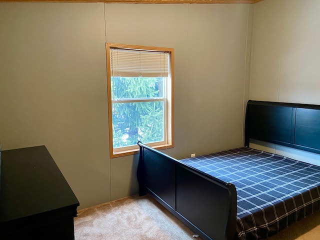 bedroom with light colored carpet