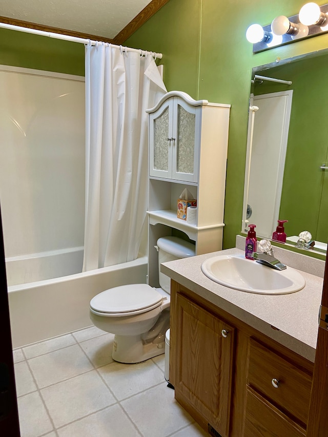 full bathroom with vanity, shower / tub combo, tile patterned floors, and toilet